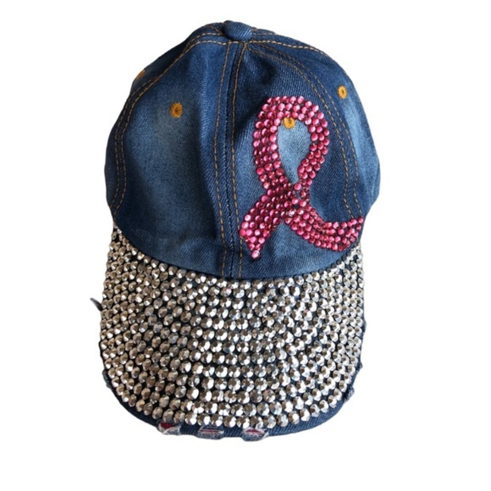 Breast Cancer Awareness Pink Ribbon‎ Cotton Denim Distressed Bling Hat